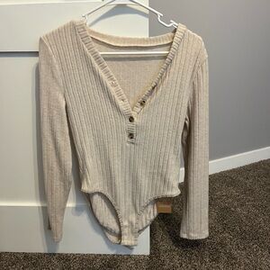 Beige Ribbed V-Neck Bodysuit